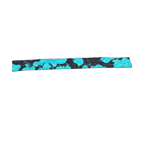Vintage Long Floral Scarf With Blue Leaf Flower Design On Black Background Headw - Picture 4 of 4